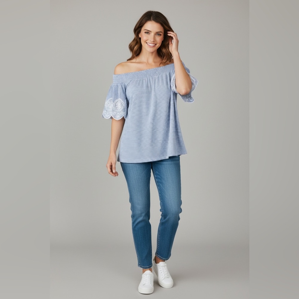 Loft Off Shoulder Blue Stripe Eyelet Sleeve Tee Size XXS